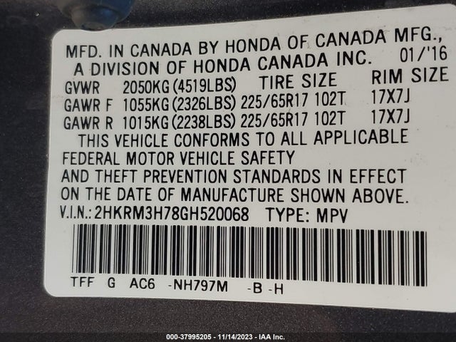 Honda Cr-v Ex-l 2016 2HKRM3H78GH520068 Image 9