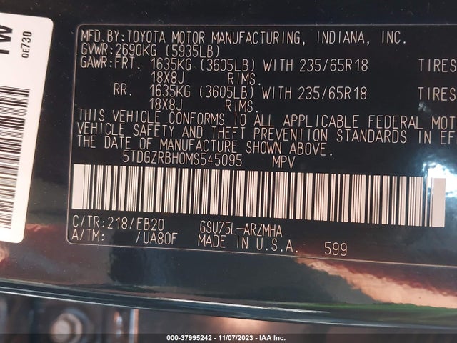Toyota Highlander Xle 2021 5TDGZRBH0MS545095 Image 9