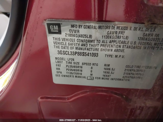 2008 SATURN VUE 4-CYL XE VIN: 3GSCL33P88S541093