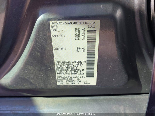 2016 NISSAN ALTIMA 2.5 SV VIN: 1N4AL3AP9GC127532