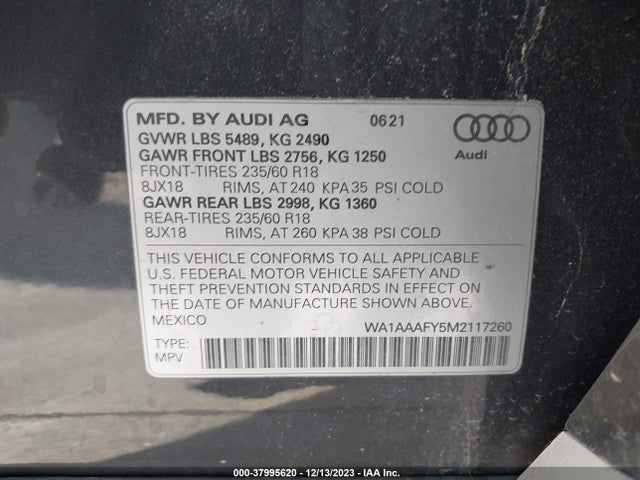 WA1AAAFY5M2117260 Audi Q5 Premium 45 Tfsi Quattro S Tronic