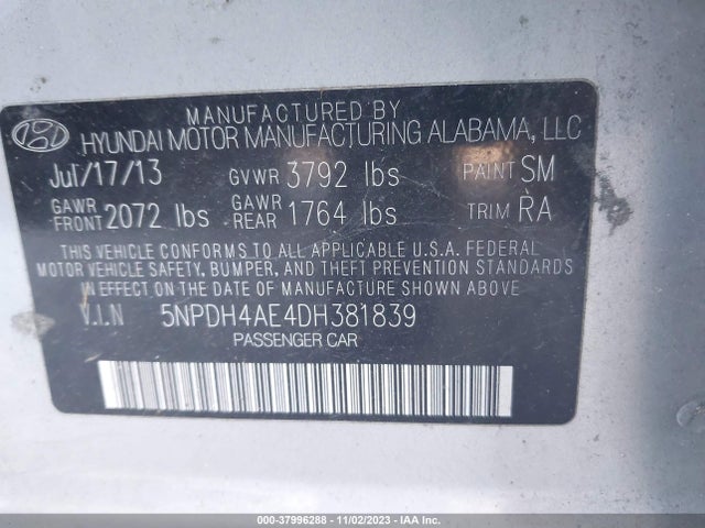 2013 HYUNDAI ELANTRA GLS VIN: 5NPDH4AE4DH381839