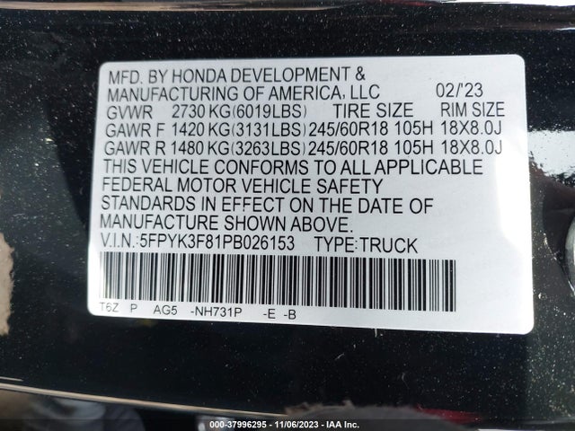 2023 HONDA RIDGELINE BLACK EDITION VIN: 5FPYK3F81PB026153