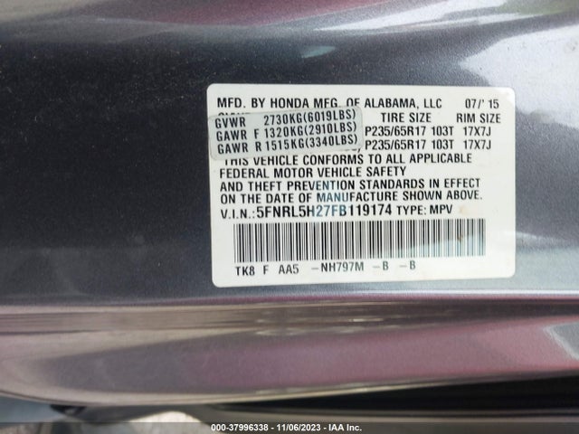 2015 HONDA ODYSSEY LX VIN: 5FNRL5H27FB119174