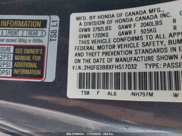 2015 HONDA CIVIC EX VIN: 2HGFG3B8XFH517032