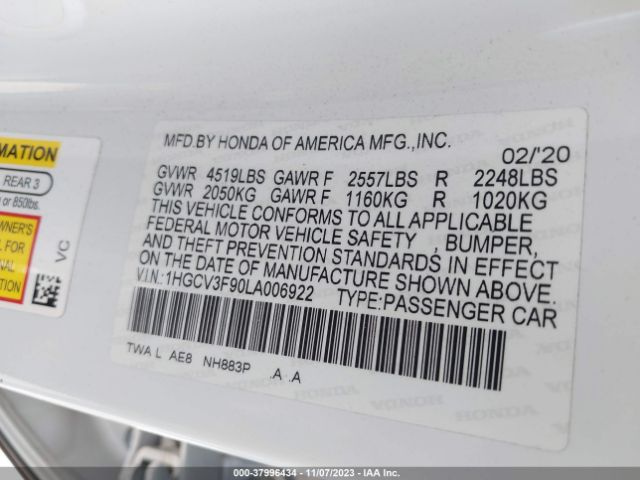 1HGCV3F90LA006922 Honda Accord Hybrid Touring