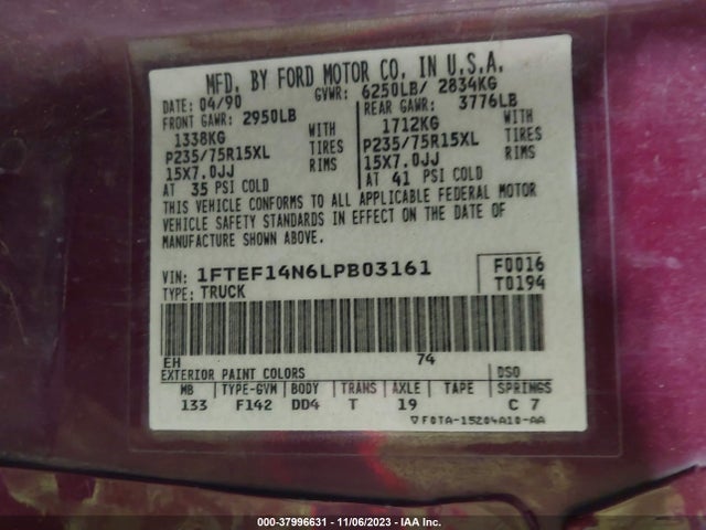 1990 FORD F150 VIN: 1FTEF14N6LPB03161