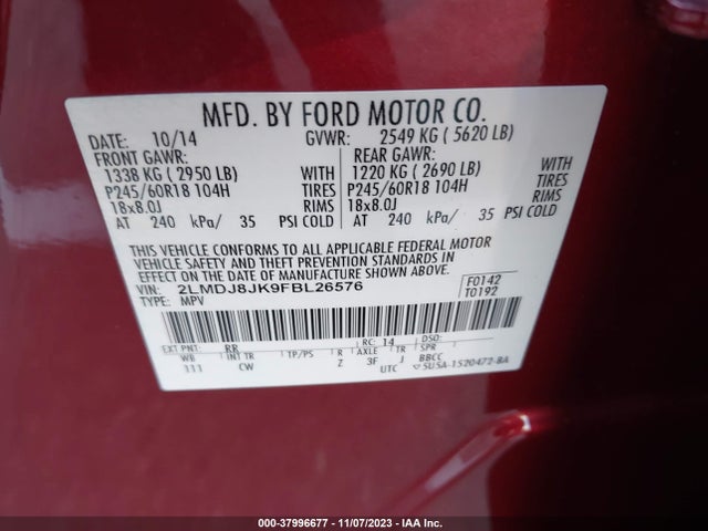 2015 LINCOLN MKX VIN: 2LMDJ8JK9FBL26576
