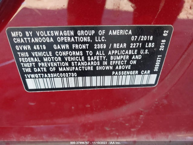 Продаж на аукціоні авто 2017 Volkswagen Passat 1.8t Se, vin: 1VWGT7A33HC002730, номер лоту: 37996767