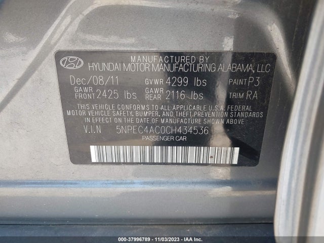 37996789 :رقم المزاد ، 5NPEC4AC0CH434536 vin ، 2012 Hyundai Sonata Se مزاد بيع