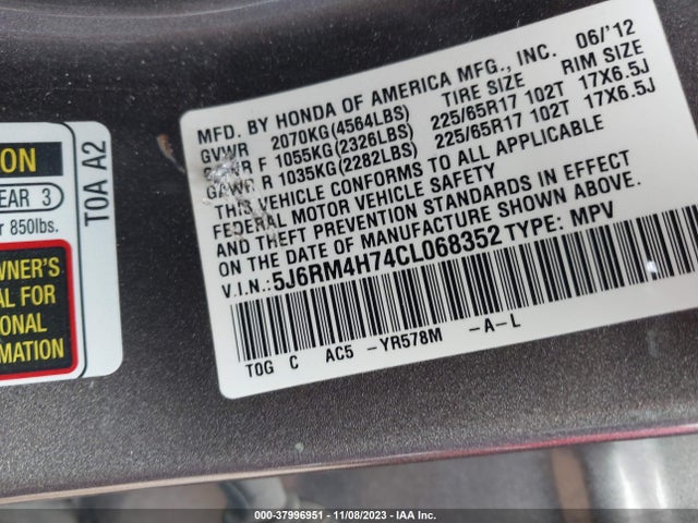 2012 HONDA CR-V EX-L VIN: 5J6RM4H74CL068352