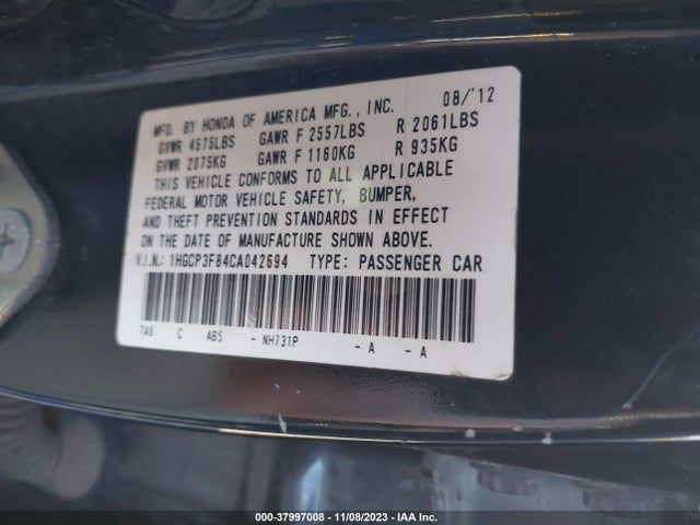2012 HONDA ACCORD 3.5 EX-L VIN: 1HGCP3F84CA042694