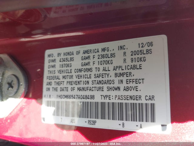 2007 HONDA ACCORD 3.0 EX VIN: 1HGCM66547A048498