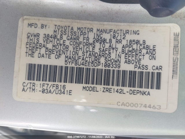 2013 TOYOTA COROLLA L/LE/S VIN: 5YFBU4EE5DP100339