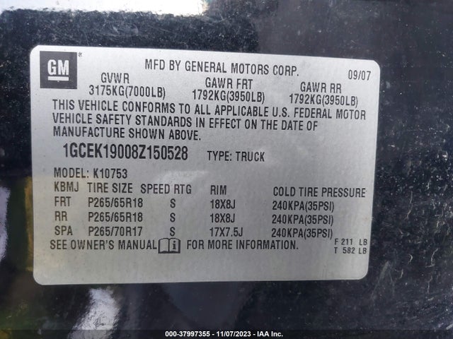 2008 CHEVROLET SILVERADO 1500 LT1 VIN: 1GCEK19008Z150528