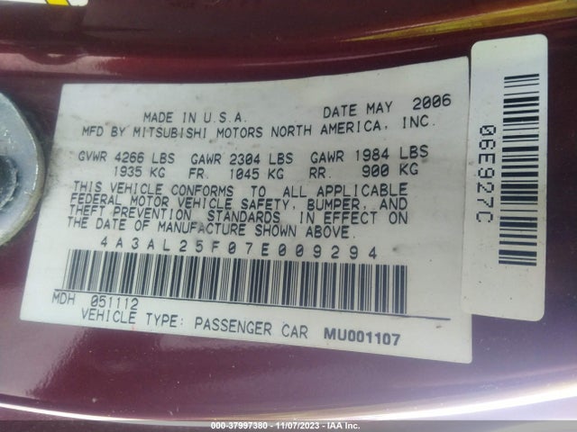 2007 MITSUBISHI ECLIPSE SPYDER GS VIN: 4A3AL25F07E009294