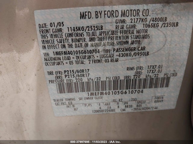 2005 MERCURY MONTEGO LUXURY VIN: 1MEFM40105G610704