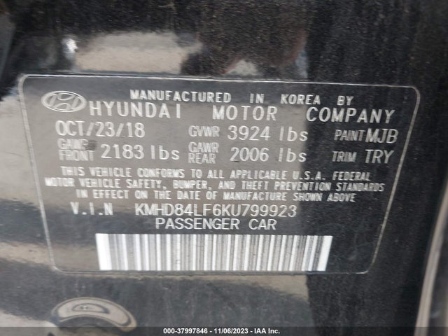 2019 HYUNDAI ELANTRA SEL VIN: KMHD84LF6KU799923