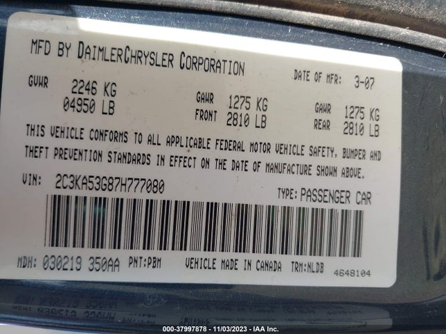 2007 CHRYSLER 300 TOURING VIN: 2C3KA53G87H777080