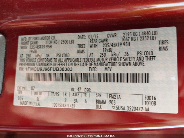 2015 FORD ESCAPE TITANIUM VIN: 1FMCU9J96FUB38383
