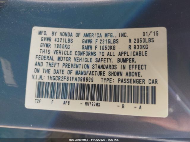 1HGCR2F81FA099699 Honda Accord Sedan Ex-l