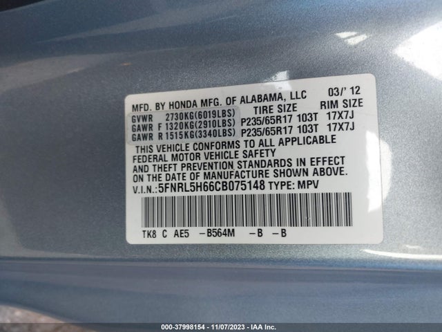 2012 HONDA ODYSSEY EX-L VIN: 5FNRL5H66CB075148