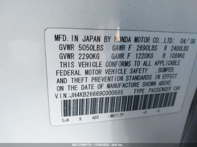 2009 ACURA RL 3.7 VIN: JH4KB26669C000685