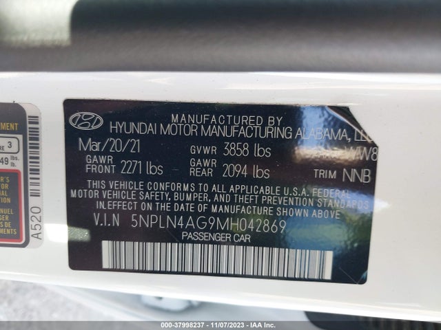 2021 HYUNDAI ELANTRA SEL VIN: 5NPLN4AG9MH042869