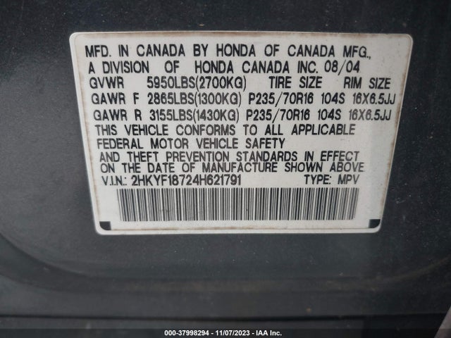2004 HONDA PILOT EX-L VIN: 2HKYF18724H621791
