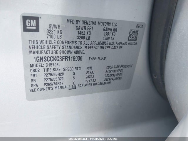 Chevrolet Tahoe Ltz 2015 1GNSCCKC3FR118936 Image 9
