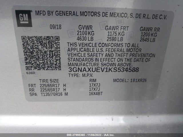 Chevrolet EQUINOX LT 2019 3GNAXUEV1KS534588 Image 9