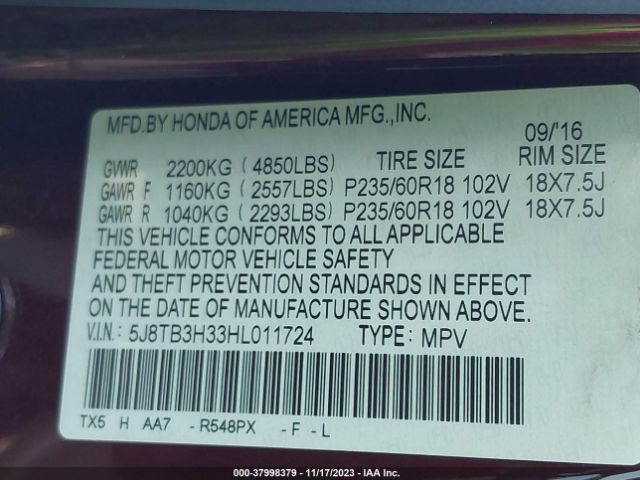 5J8TB3H33HL011724 Acura Rdx Acurawatch Plus Package