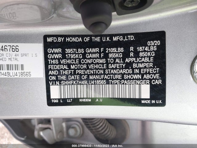 37998433 :رقم المزاد ، SHHFK7H49LU418565 vin ، 2020 Honda Civic Sport مزاد بيع