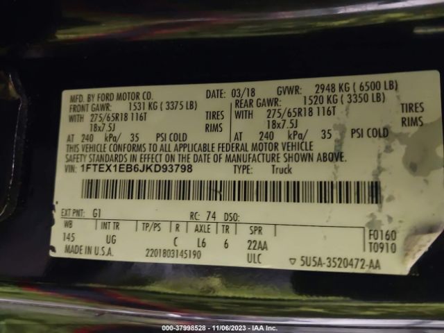 1FTEX1EB6JKD93798 Ford F-150 Xlt