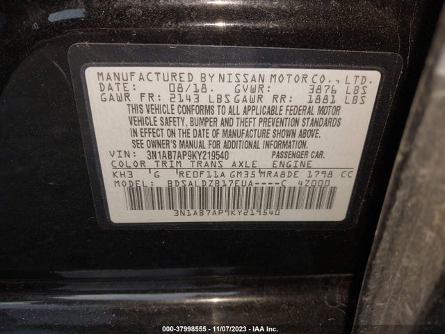 Nissan SENTRA SV 2019 3N1AB7AP9KY219540 Image 9