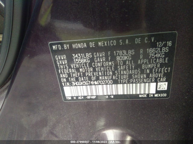 2017 HONDA FIT EX VIN: 3HGGK5G74HM702700