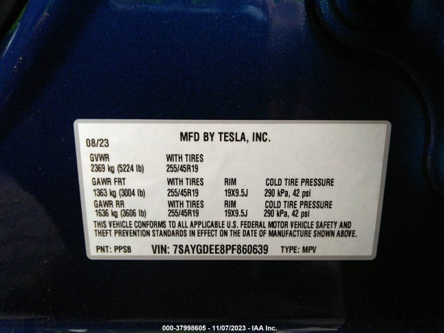 2023 TESLA MODEL Y AWD/LONG RANGE DUAL MOTOR ALL-WHEEL DRIVE VIN: 7SAYGDEE8PF860639