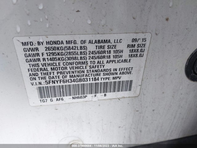 Honda Pilot Ex 2016 5FNYF6H34GB031184 Image 9
