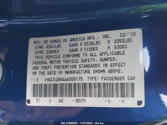 2010 HONDA ACCORD 3.5 EX-L VIN: 1HGCS2B84AA006175