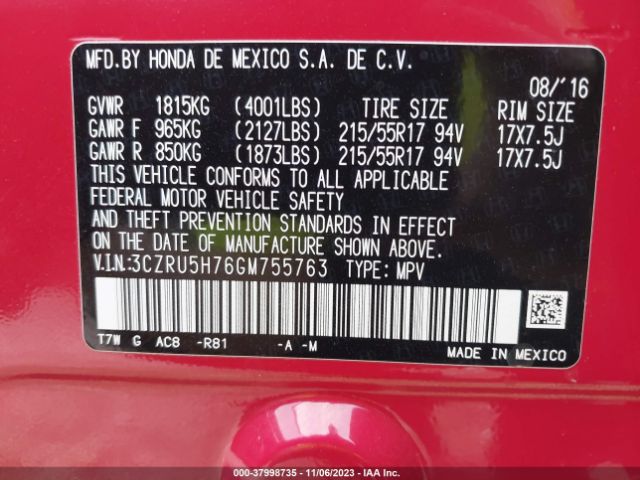 3CZRU5H76GM755763 Honda Hr-v Ex-l