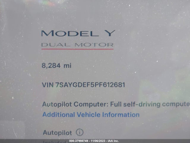 2023 TESLA MODEL Y PERFORMANCE DUAL MOTOR ALL-WHEEL DRIVE/AWD VIN: 7SAYGDEF5PF612681