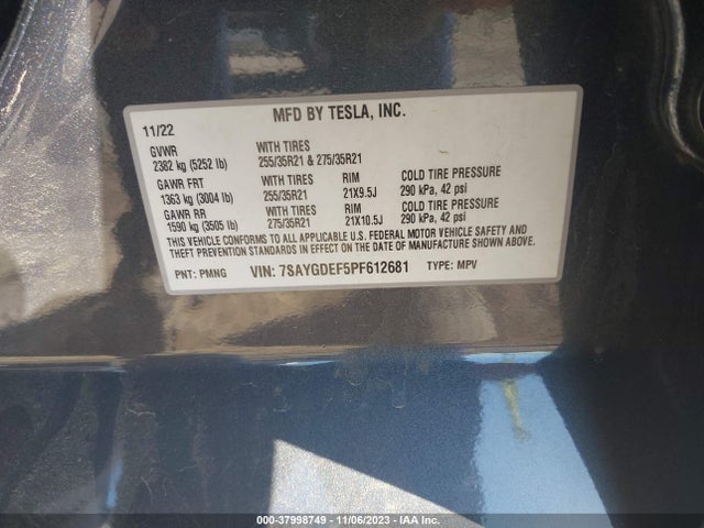 2023 TESLA MODEL Y PERFORMANCE DUAL MOTOR ALL-WHEEL DRIVE/AWD VIN: 7SAYGDEF5PF612681