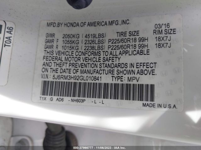 5J6RM3H92GL010841 Honda Cr-v Touring