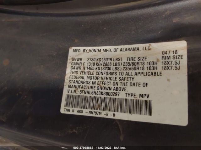 5FNRL6H83KB000297 Honda Odyssey Touring