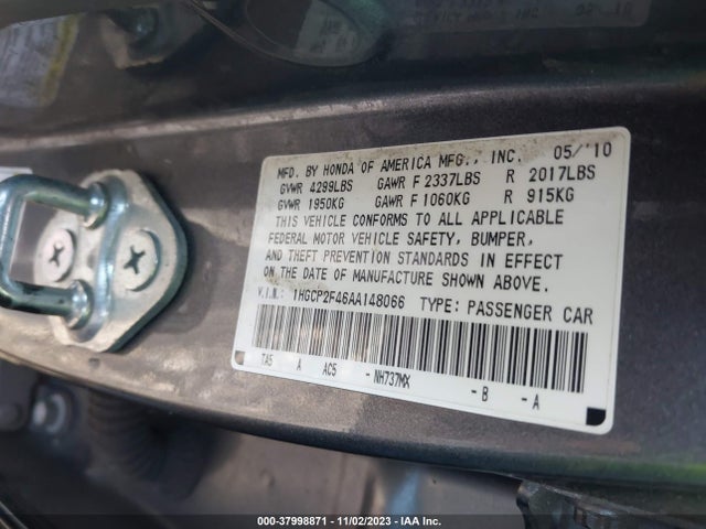 2010 HONDA ACCORD 2.4 LX-P VIN: 1HGCP2F46AA148066