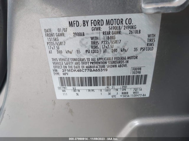 2007 FORD EDGE SEL VIN: 2FMDK48C77BA65319