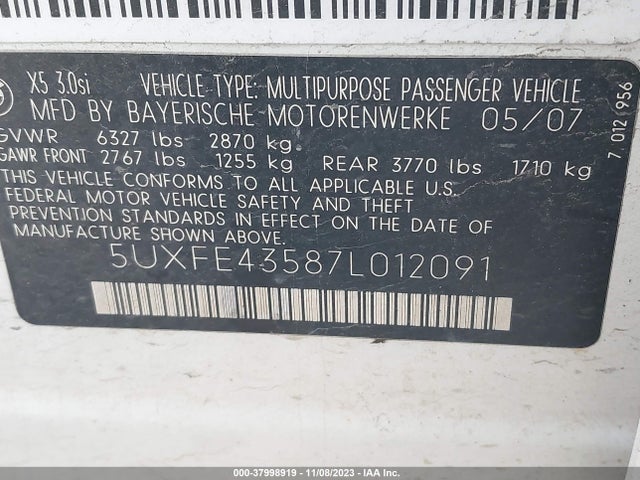 2007 BMW X5 3.0SI VIN: 5UXFE43587L012091