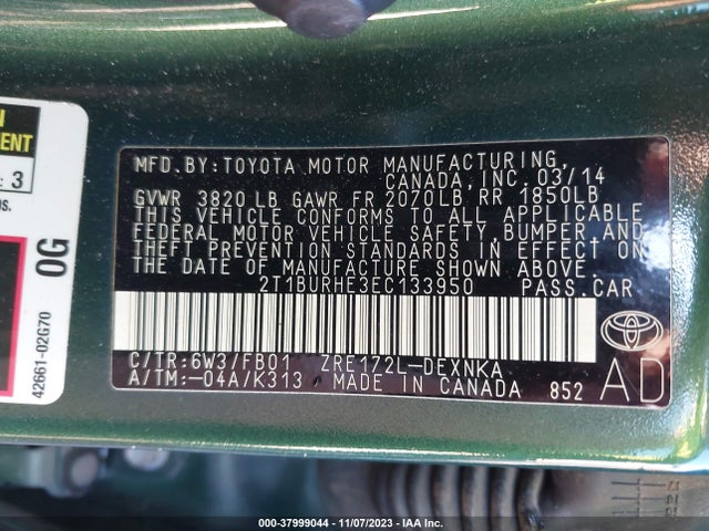 2014 TOYOTA COROLLA LE VIN: 2T1BURHE3EC133950