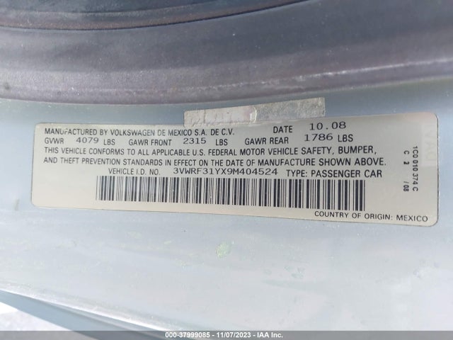 2009 VOLKSWAGEN NEW BEETLE S VIN: 3VWRF31YX9M404524