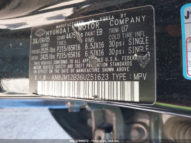 2006 HYUNDAI TUCSON GL VIN: KM8JM12B36U251623
